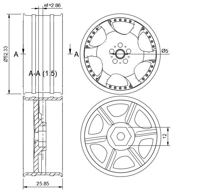 12MM HEX D52mm RC Wheels Kranze Bazreia with and without tires 3D print model_2