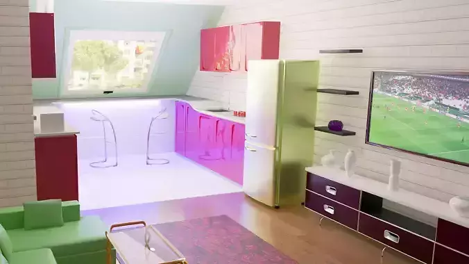 Red kitchen in the attic