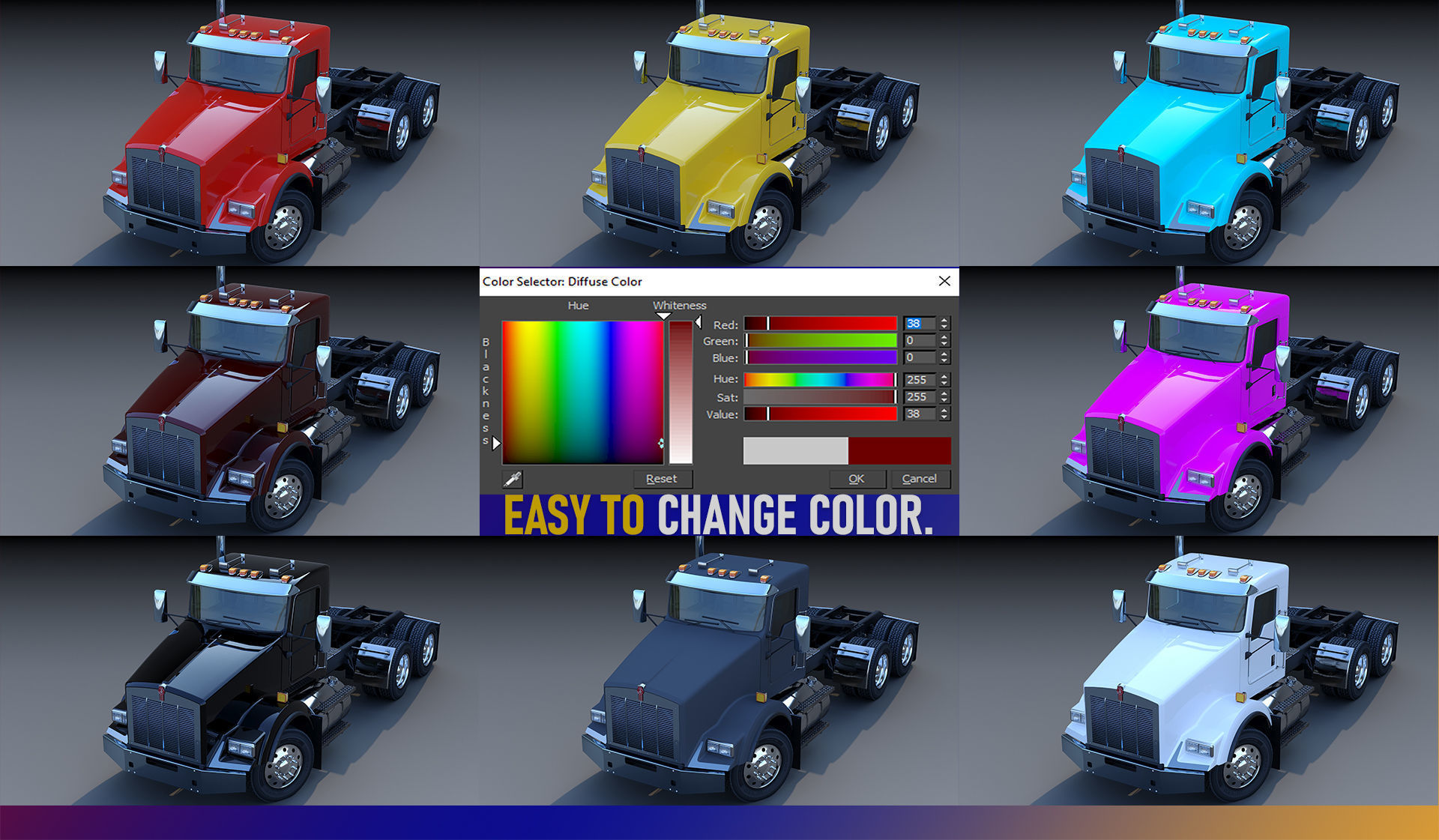 Kenworth T800 Semi Truck Low-poly 3D model_30