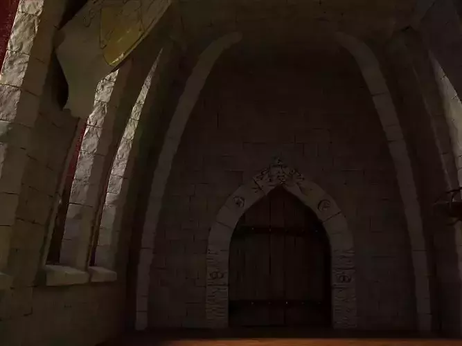 Medieval hall with arballista and a tower bridge