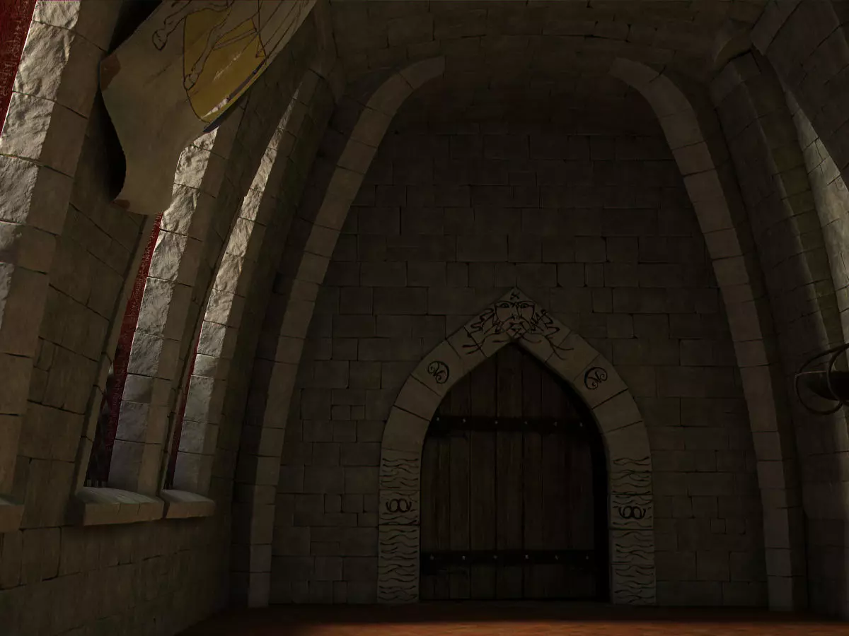 Medieval hall with arballista and a tower bridge Low-poly 3D model_0