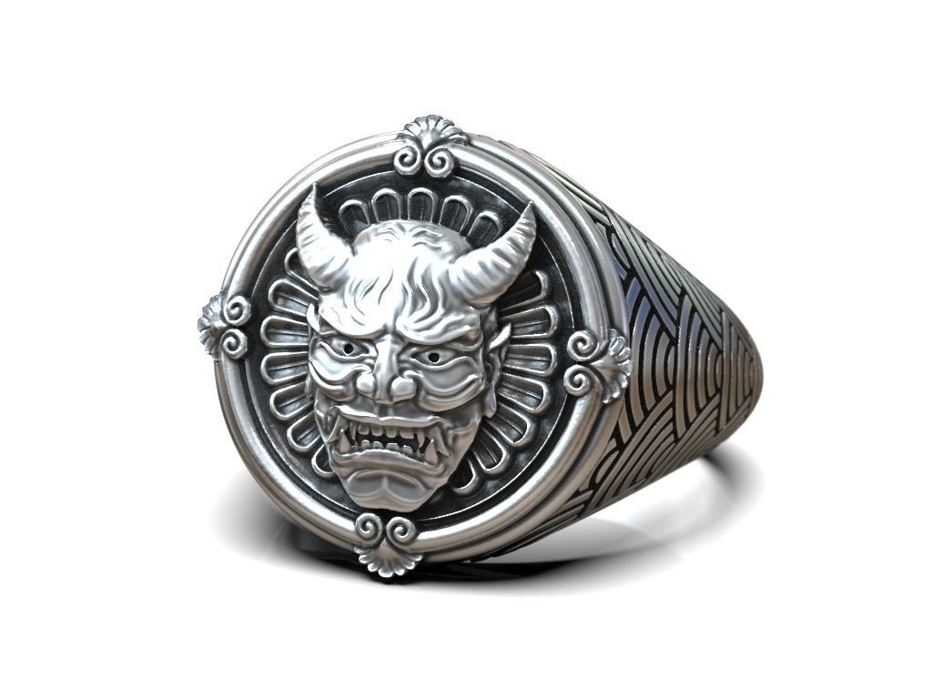 Ring japanese Hannya mask female demon horns 3D print model_2