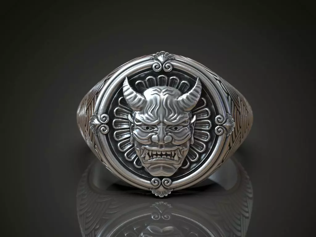 Ring japanese Hannya mask female demon horns 3D print model_0