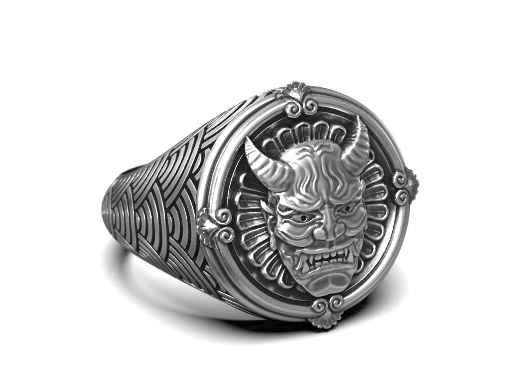 Ring japanese Hannya mask female demon horns 3D print model_4