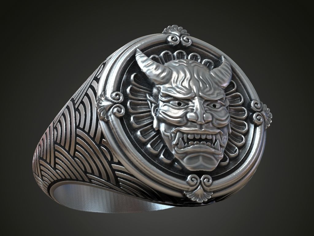 Ring japanese Hannya mask female demon horns 3D print model_1