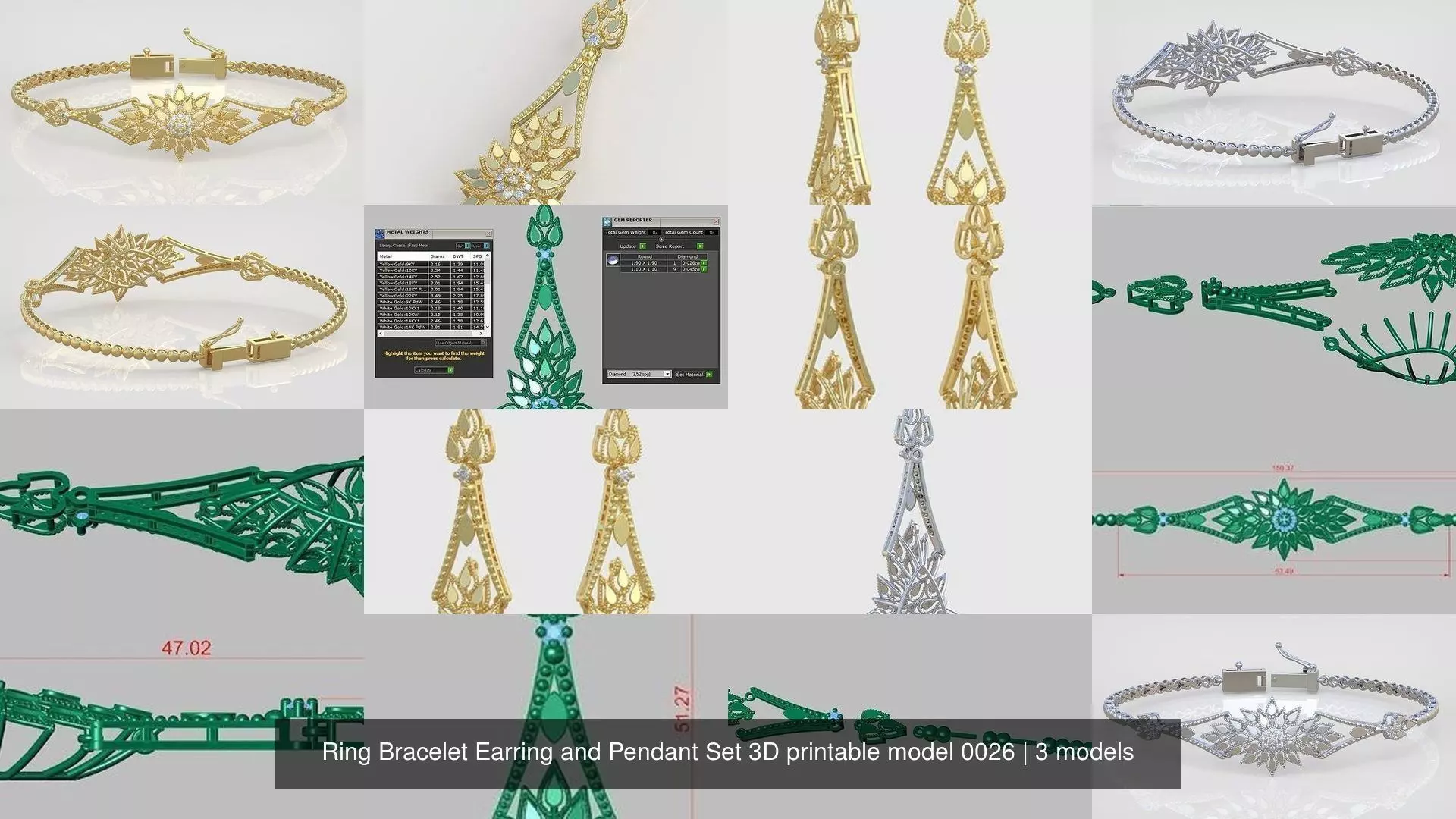 Ring Bracelet Earring and Pendant Set 3D printable model 0026 3D Model Collection_1