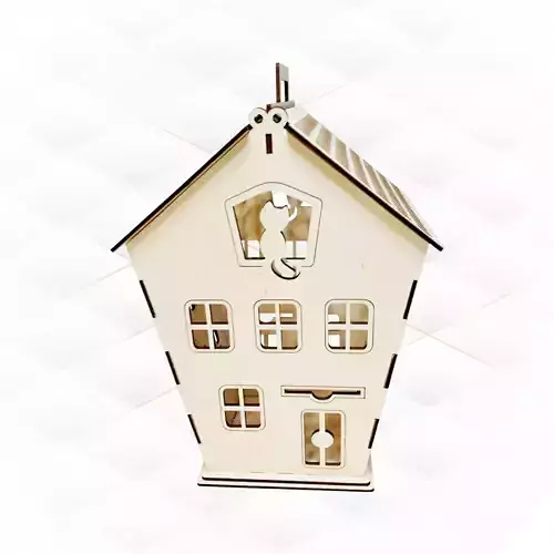 Gift Box house with cat silhouette laser cutting pattern