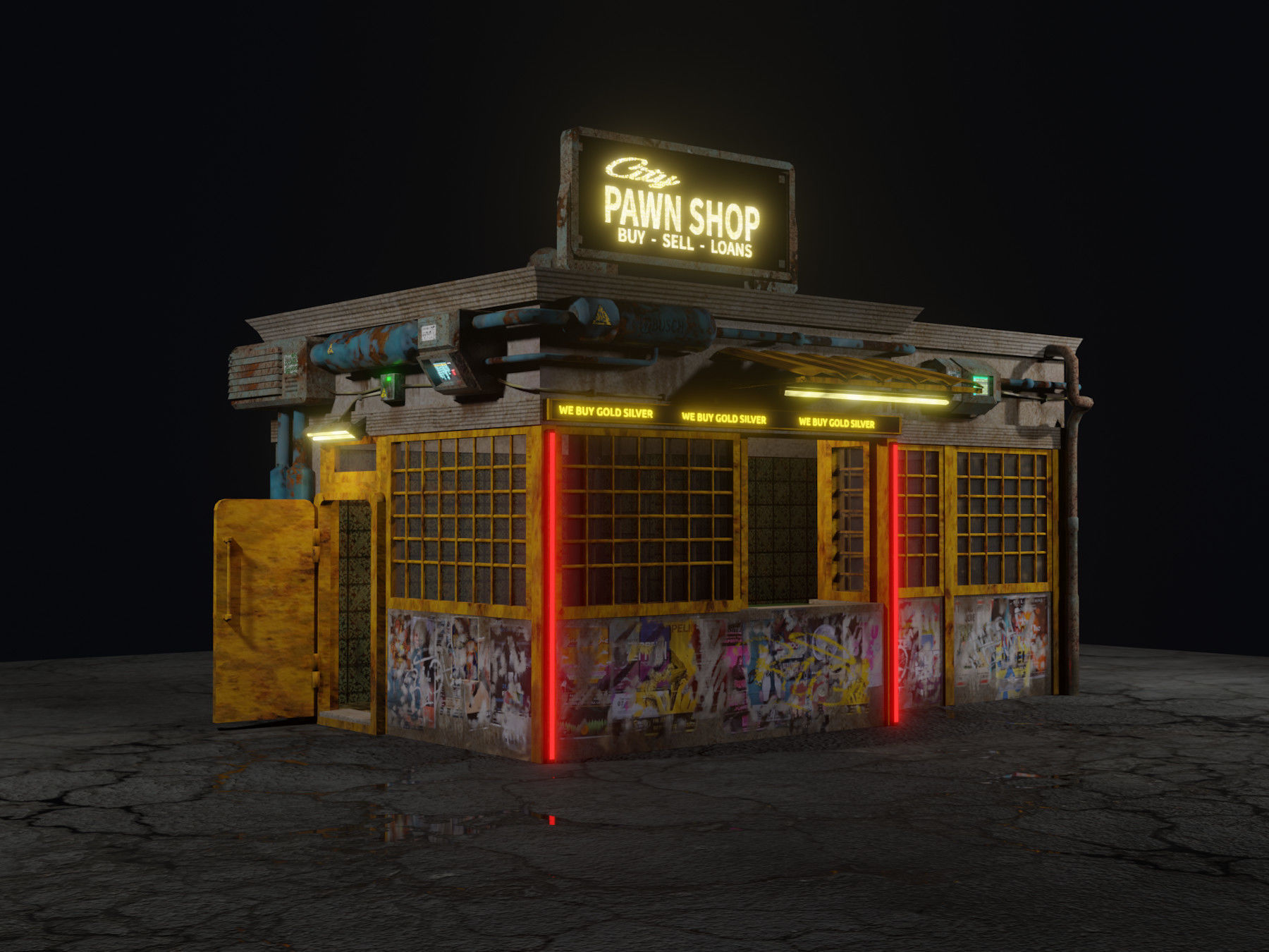 Low Poly Cyberpunk Pawn Shop for Games or Rendering Low-poly 3D model_7