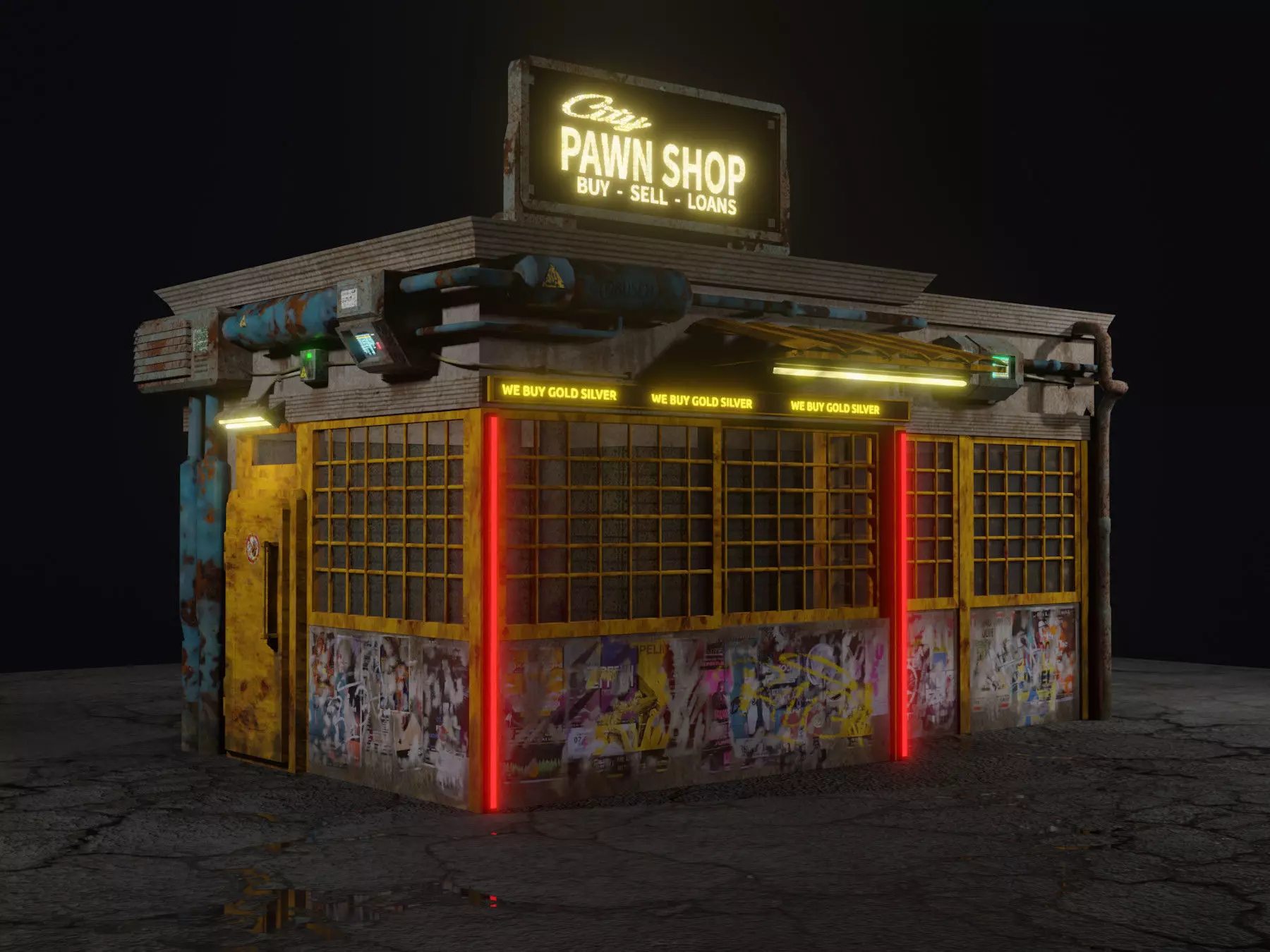Low Poly Cyberpunk Pawn Shop for Games or Rendering Low-poly 3D model_0