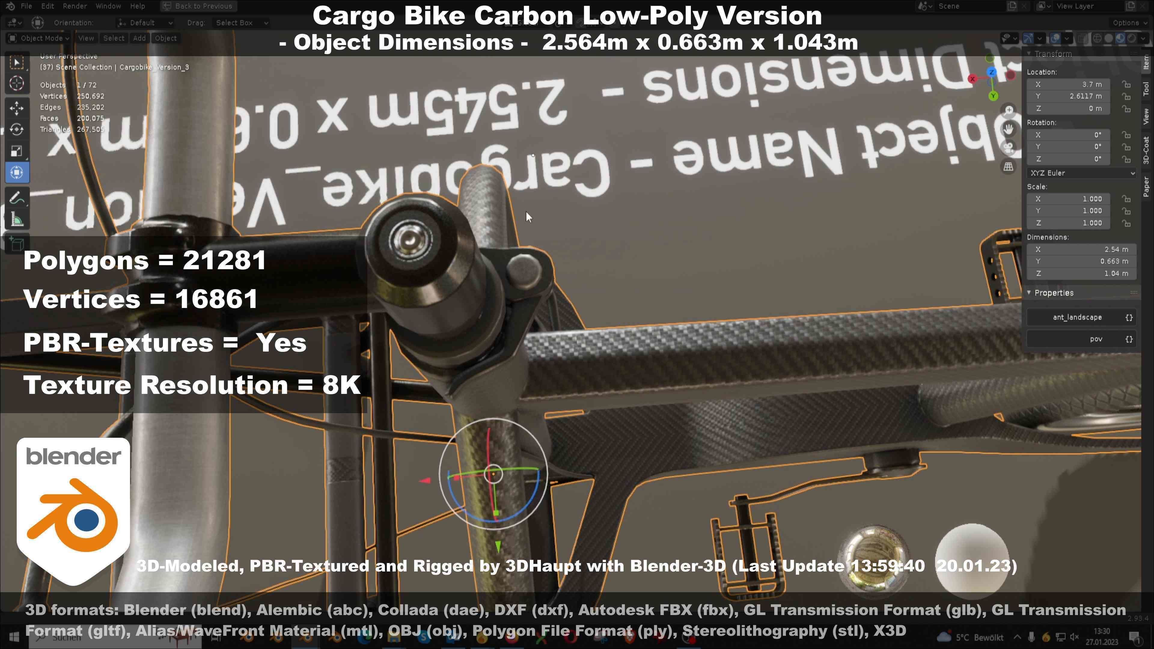 Cargo Bike Carbon Low-Poly and Rigged Version  Low-poly 3D model_60