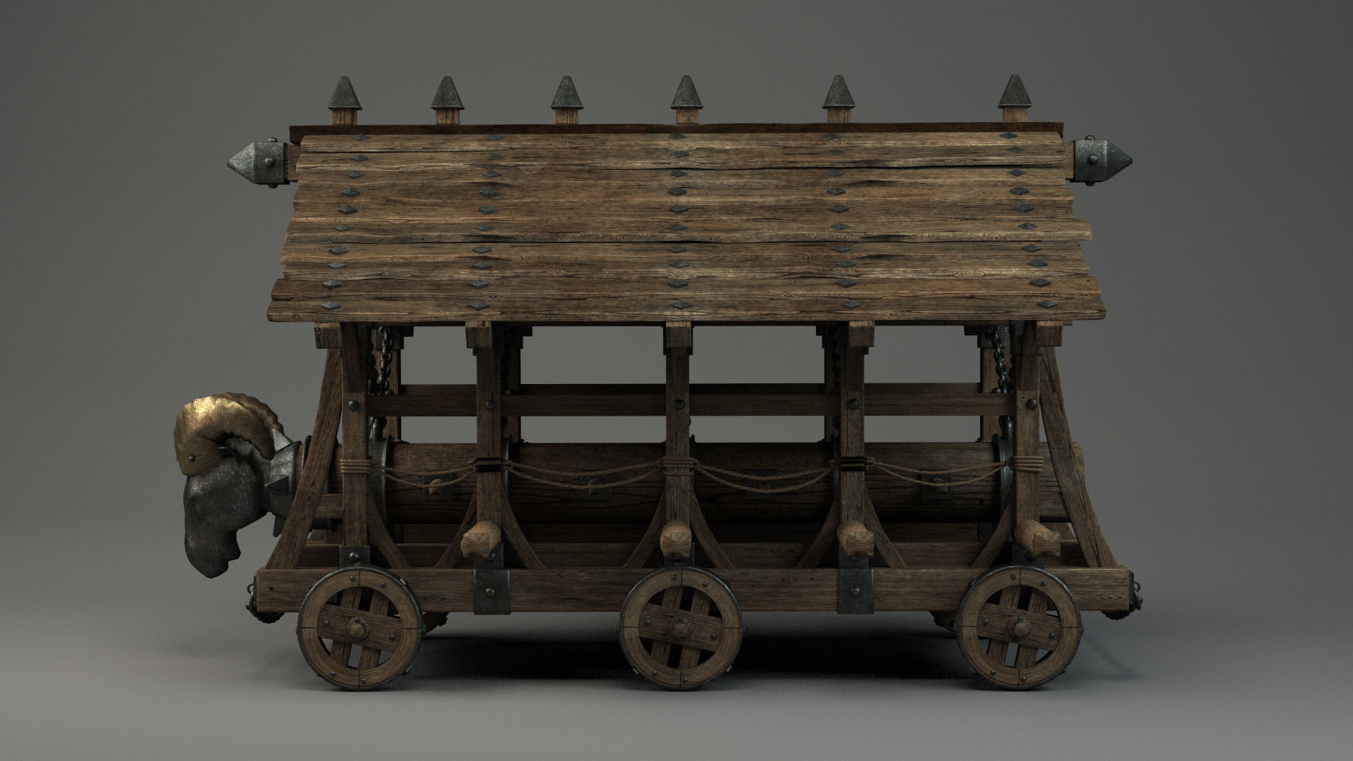 medieval-battering-ram wooden cart with wooden roof 3D model_2