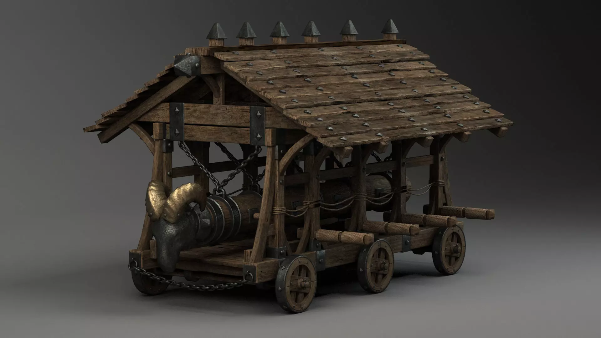 medieval-battering-ram wooden cart with wooden roof 3D model_0
