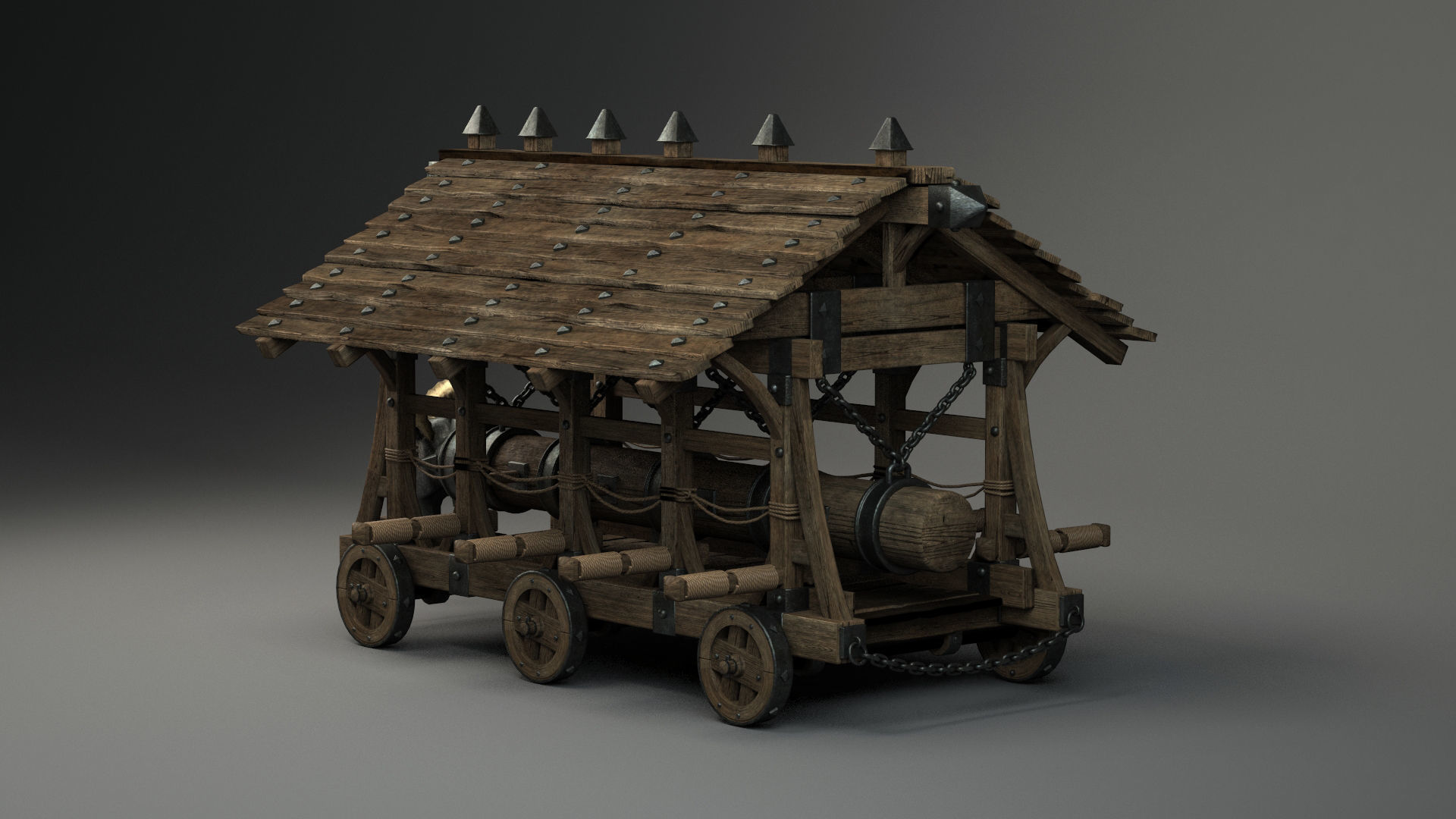 medieval-battering-ram wooden cart with wooden roof 3D model_1