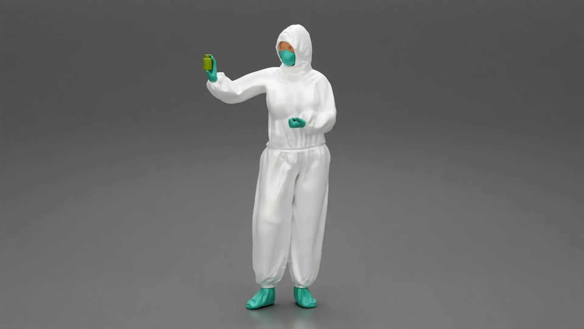 woman wearing antivirus suit standing holding a bottle vaccin 3D print model