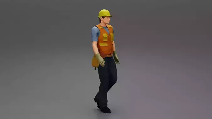 Construction worker with a helmet and tool belt walking 3D print model