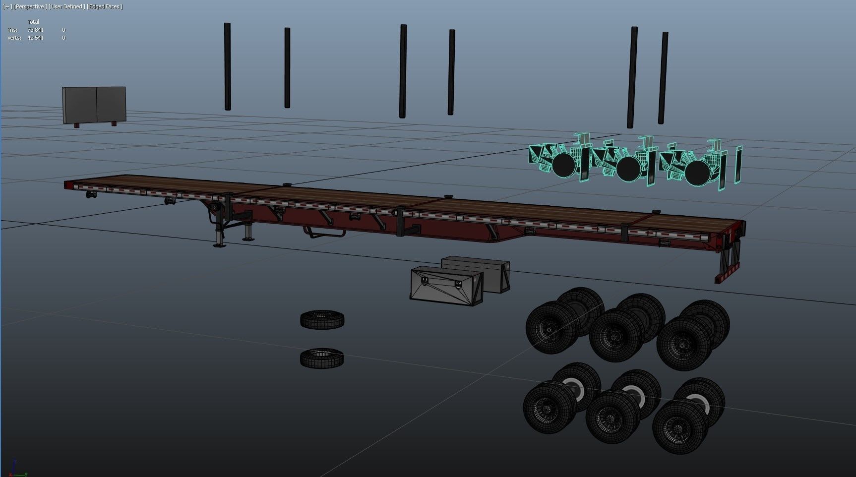 80s truck flatbed trailer Low-poly 3D model_50