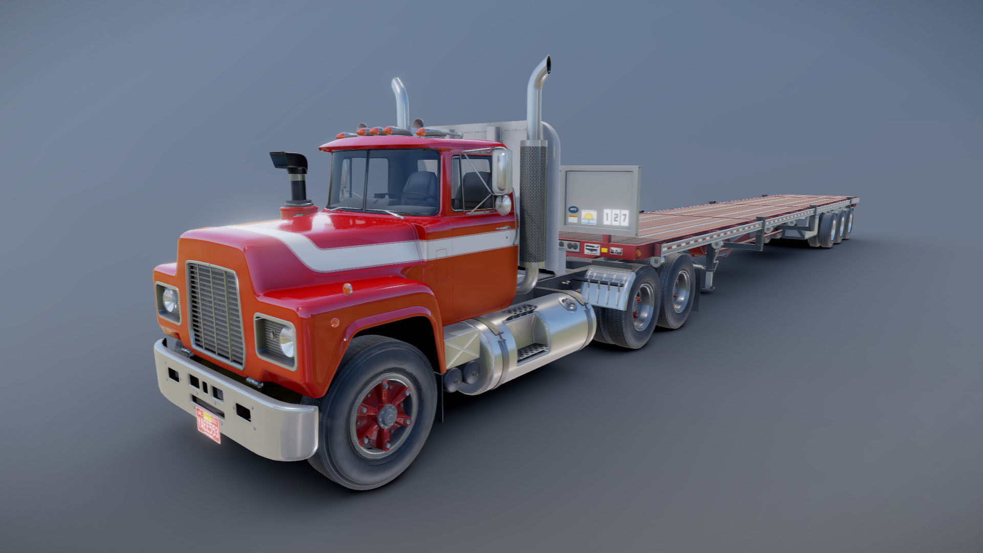 80s truck flatbed trailer Low-poly 3D model_23