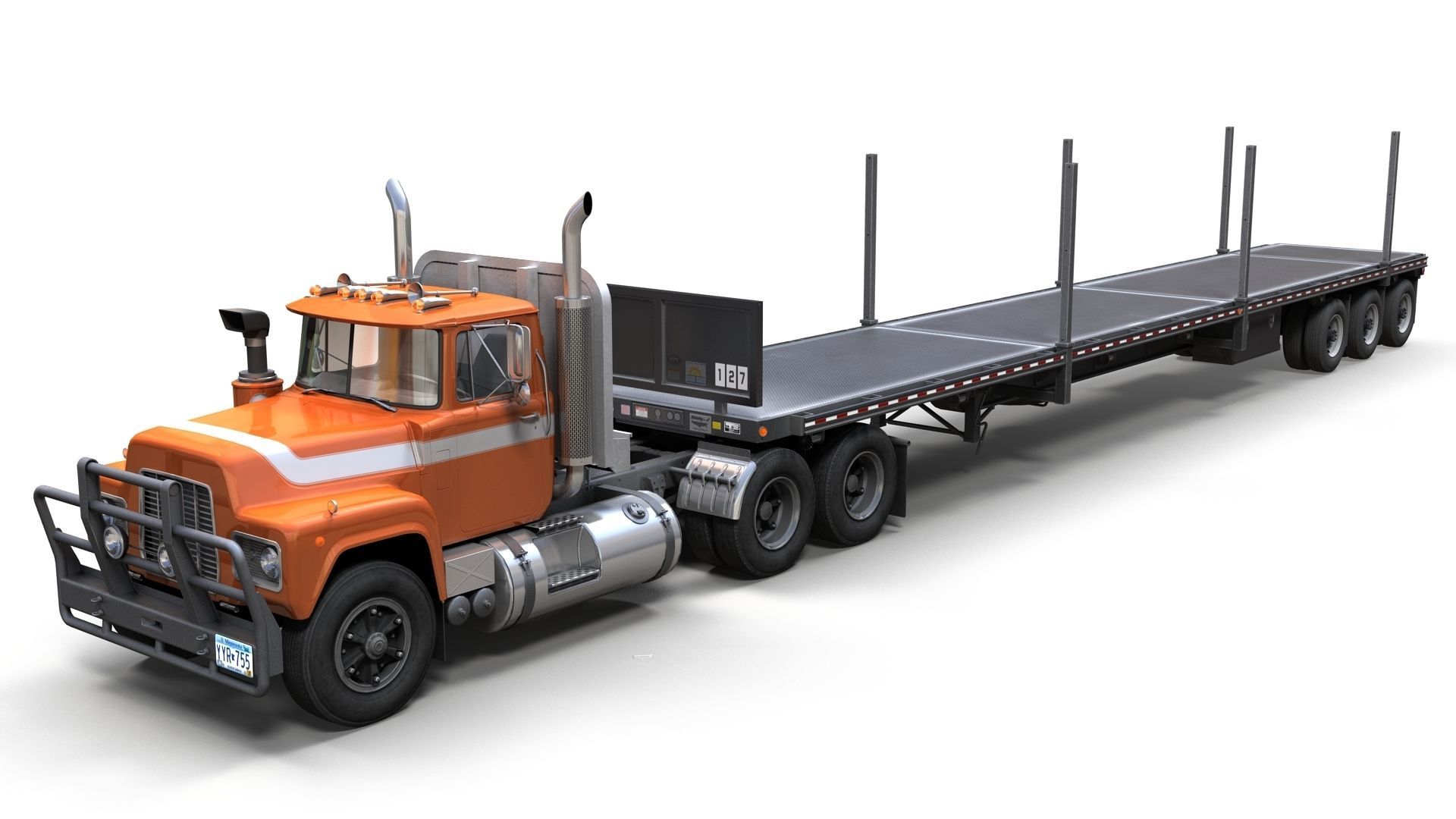80s truck flatbed trailer Low-poly 3D model_7