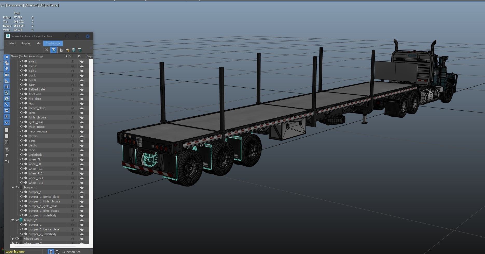 80s truck flatbed trailer Low-poly 3D model_48