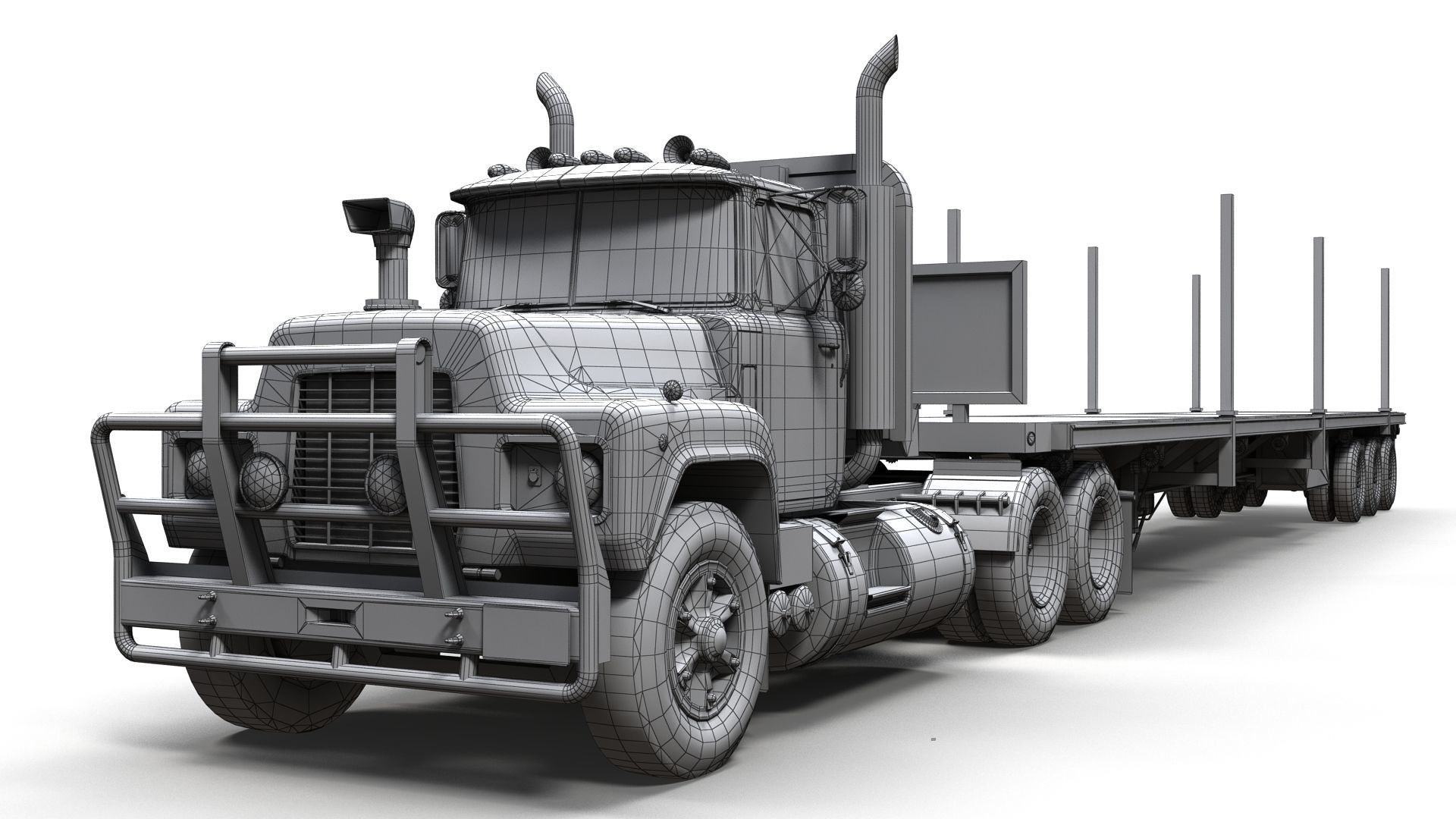 80s truck flatbed trailer Low-poly 3D model_22