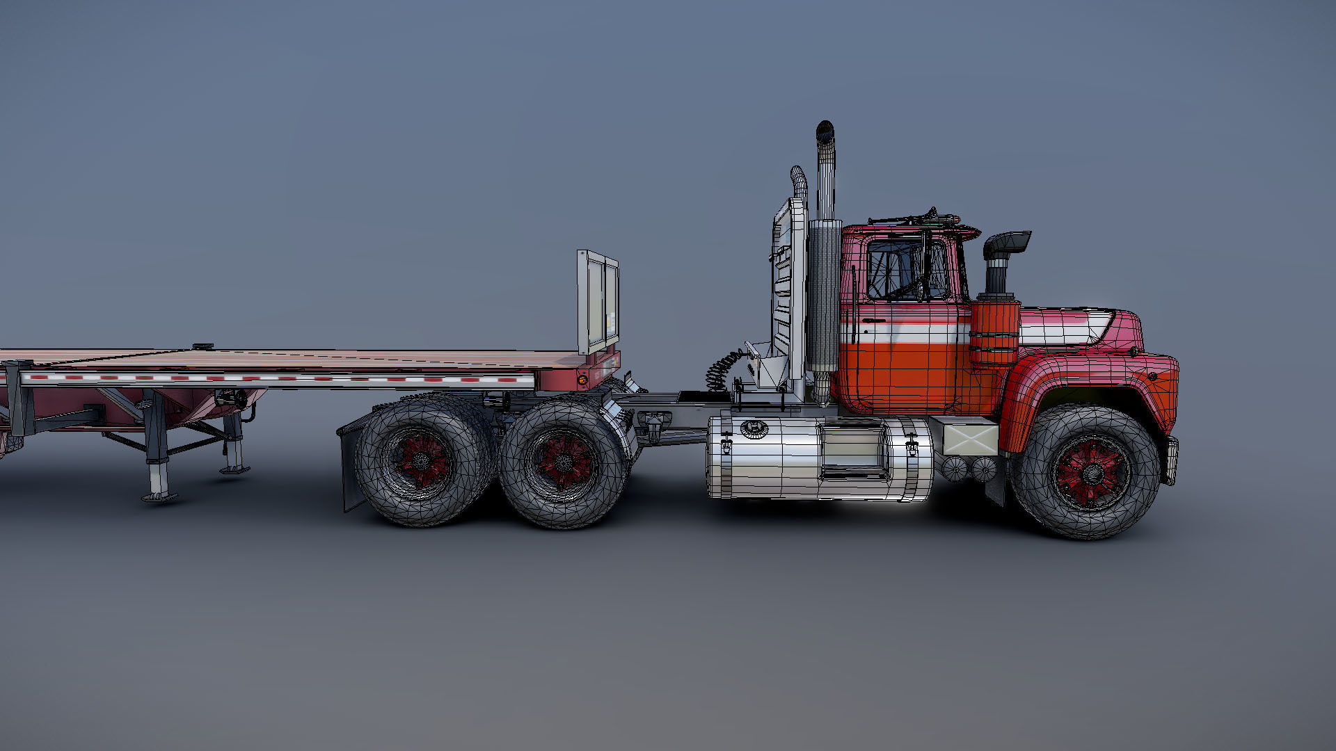 80s truck flatbed trailer Low-poly 3D model_36