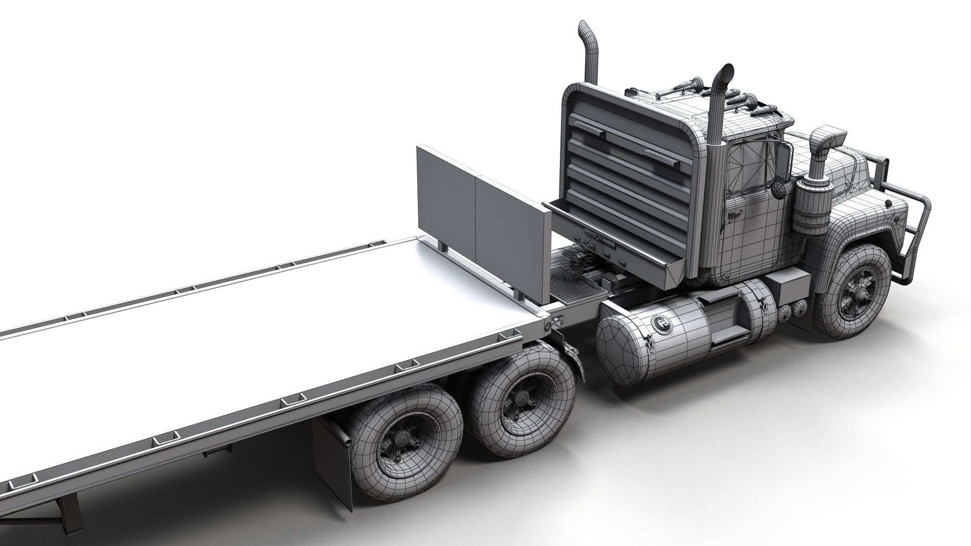 80s truck flatbed trailer Low-poly 3D model_16
