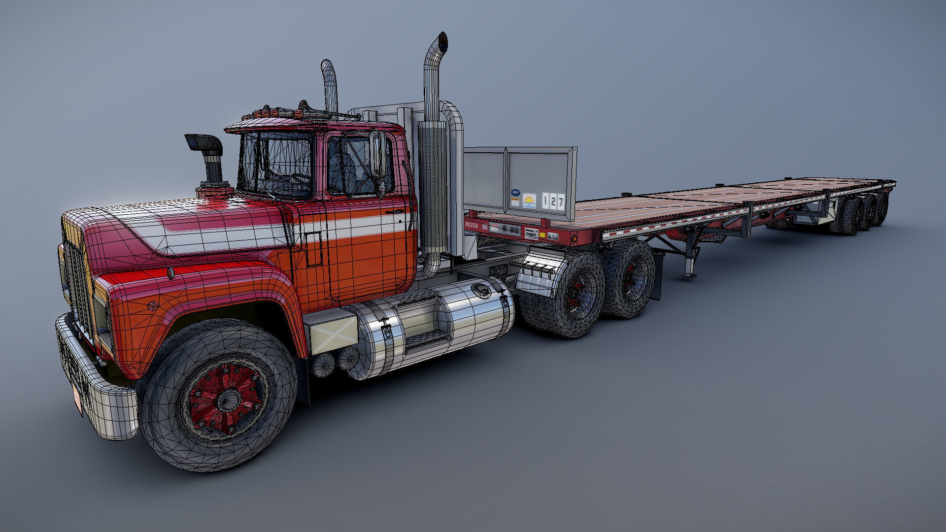80s truck flatbed trailer Low-poly 3D model_34