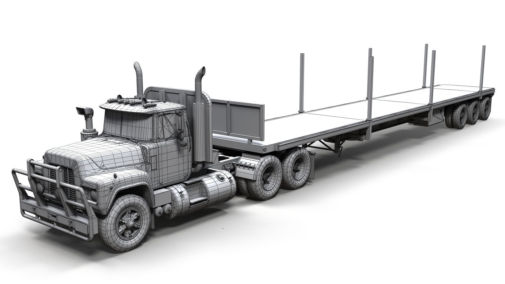 80s truck flatbed trailer Low-poly 3D model_15