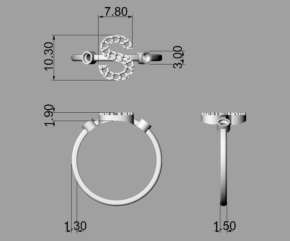 Diamond Letter Ring - S 3D print model_2