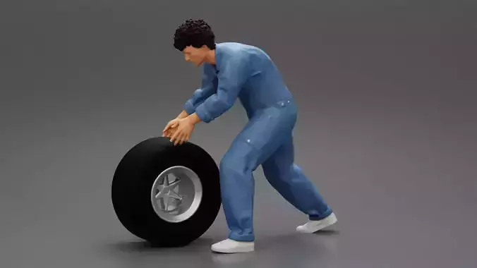 Mechanic worker walking and rolling tyre 3D print model