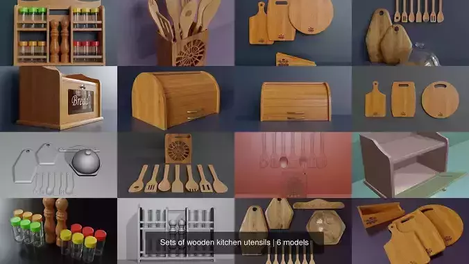 Sets of wooden kitchen utensils 3D Model Collection