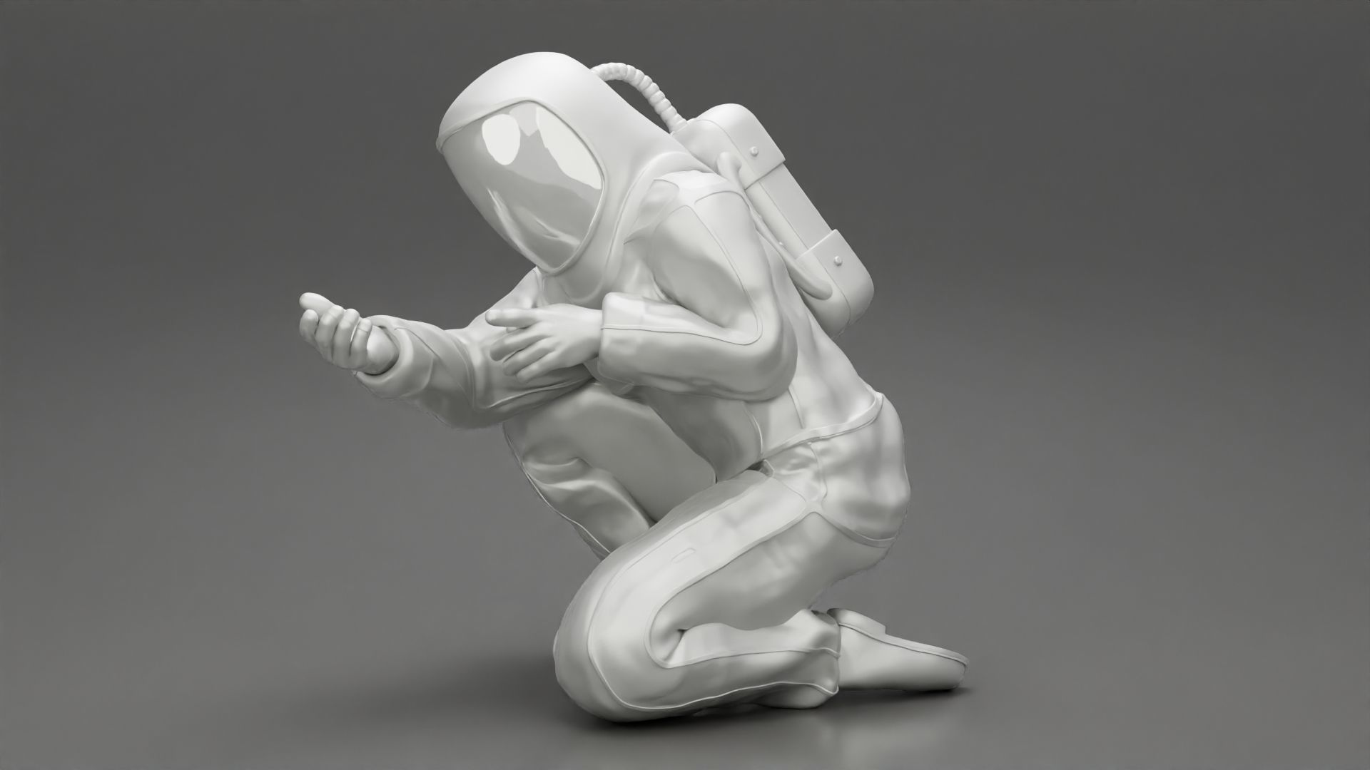 Scientist wearing radiation protection suit sitting 3D print model_6