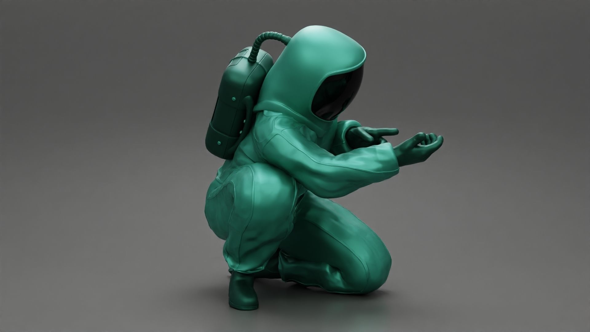 Scientist wearing radiation protection suit sitting 3D print model_2