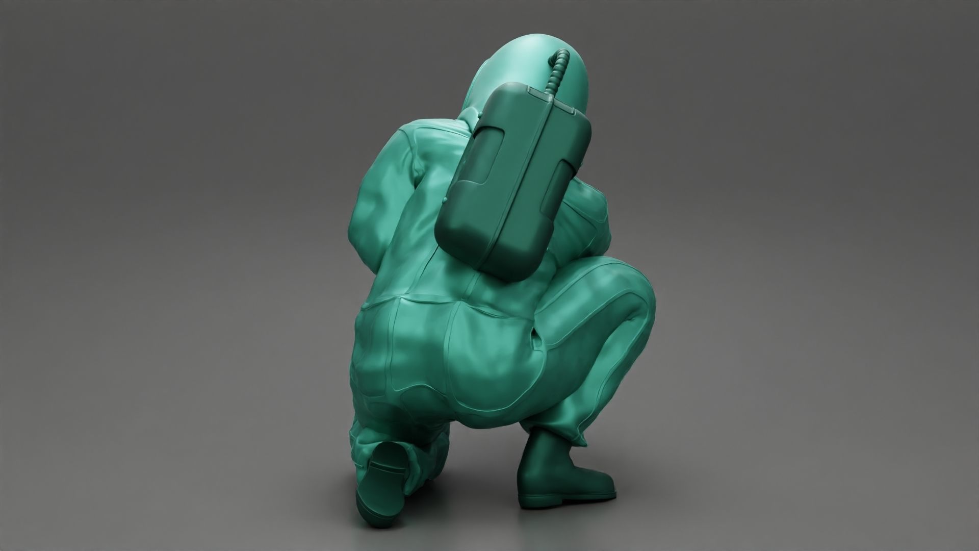 Scientist wearing radiation protection suit sitting 3D print model_4