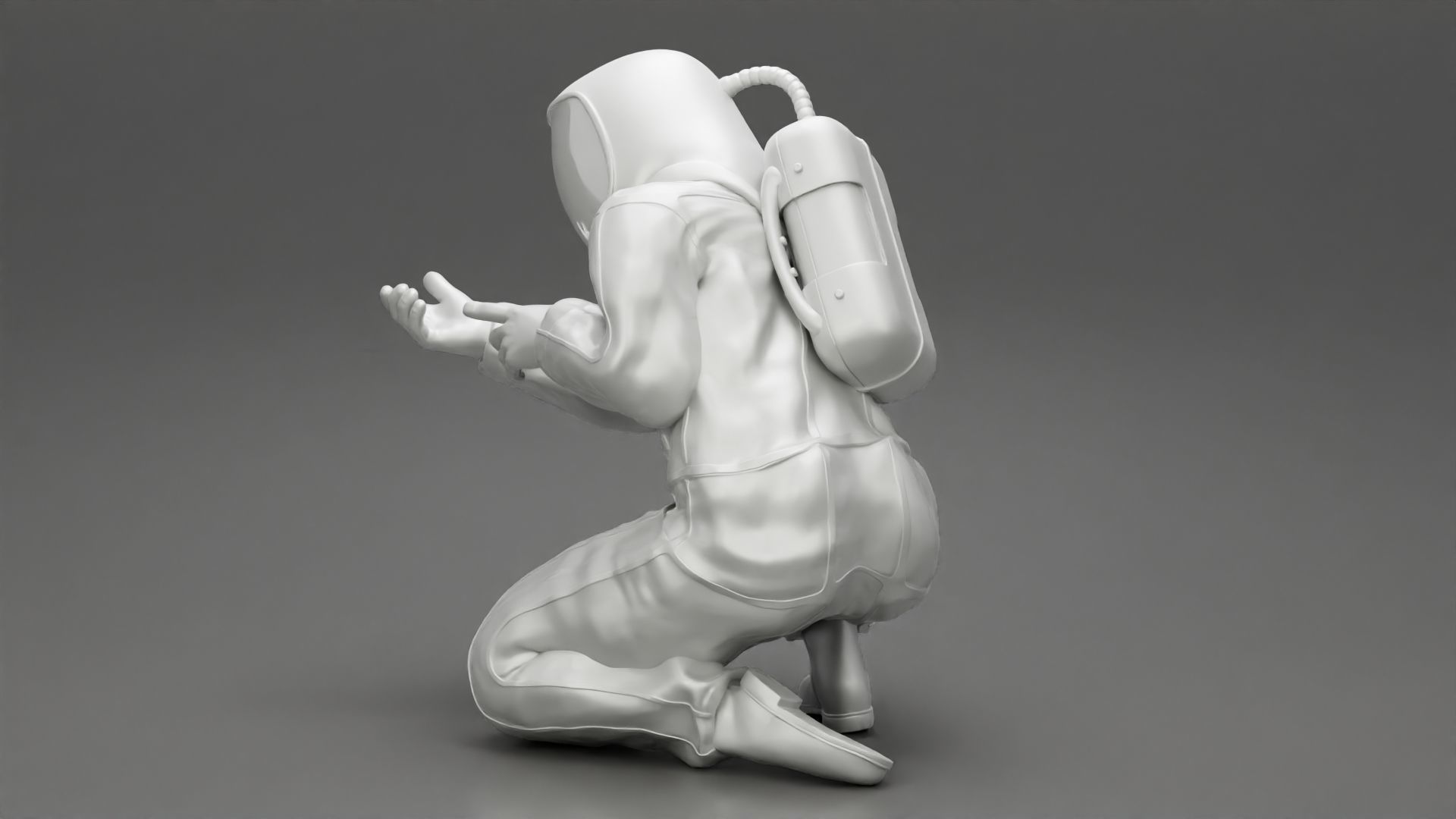 Scientist wearing radiation protection suit sitting 3D print model_11