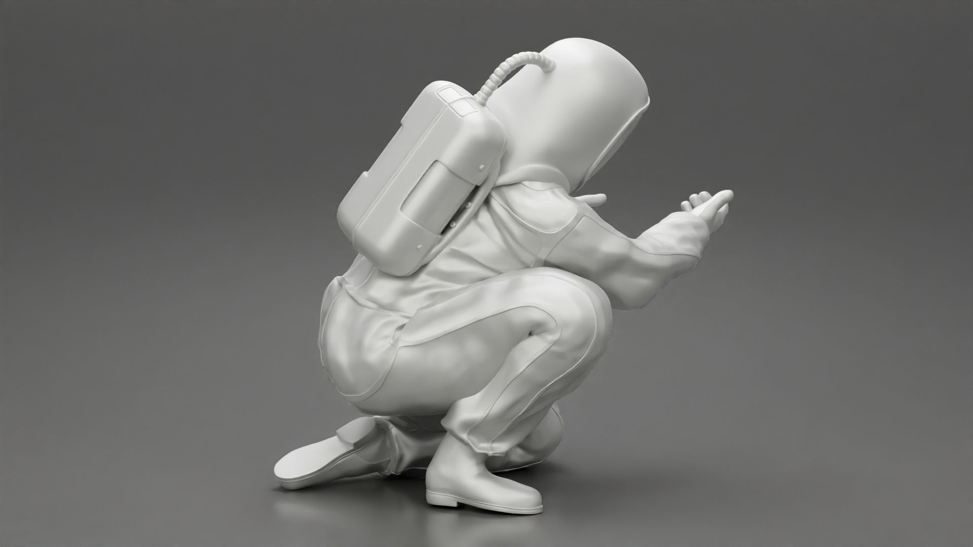 Scientist wearing radiation protection suit sitting 3D print model_9