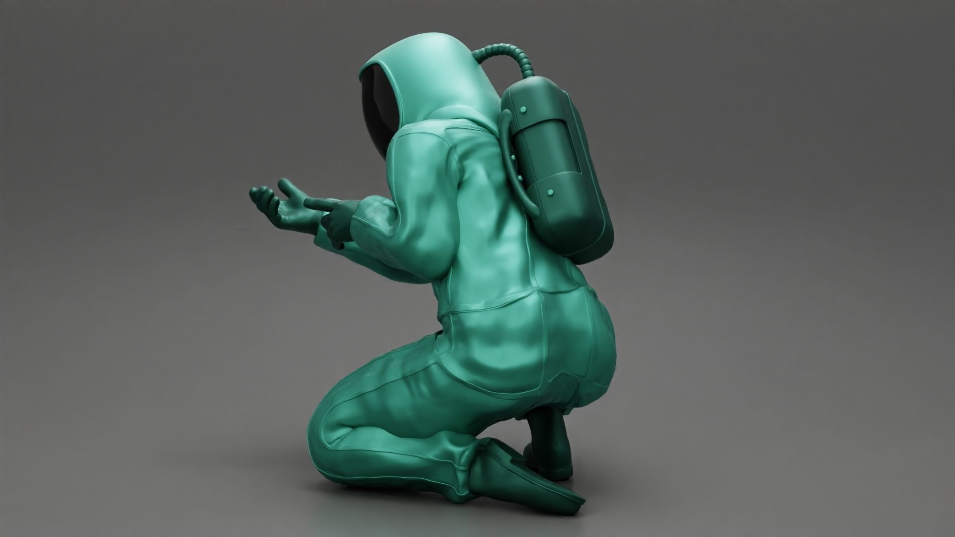 Scientist wearing radiation protection suit sitting 3D print model_5