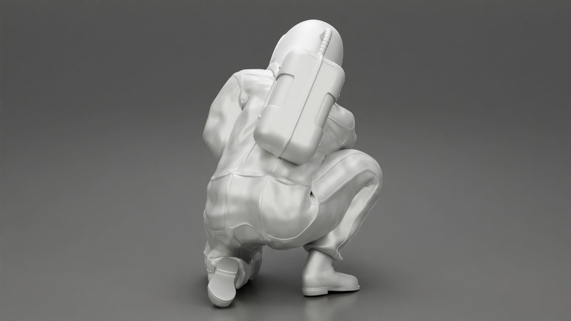 Scientist wearing radiation protection suit sitting 3D print model_10