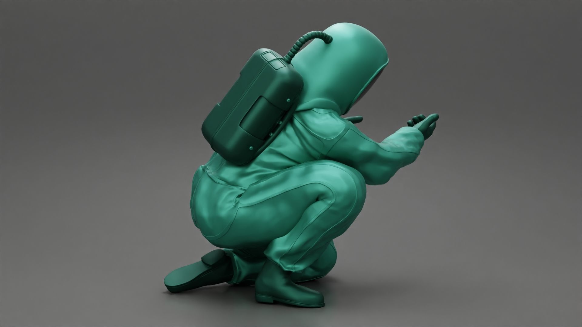 Scientist wearing radiation protection suit sitting 3D print model_3