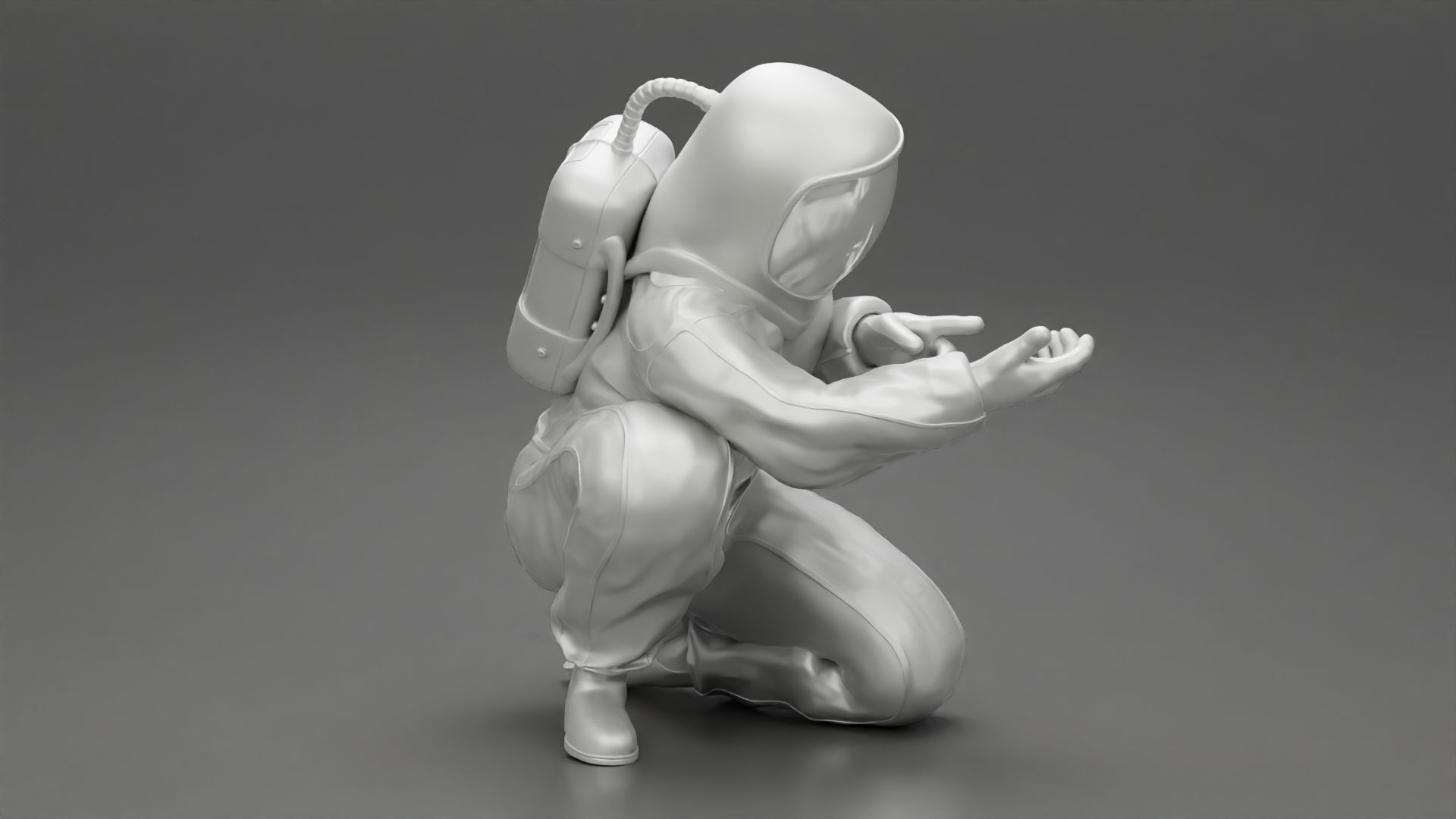 Scientist wearing radiation protection suit sitting 3D print model_8