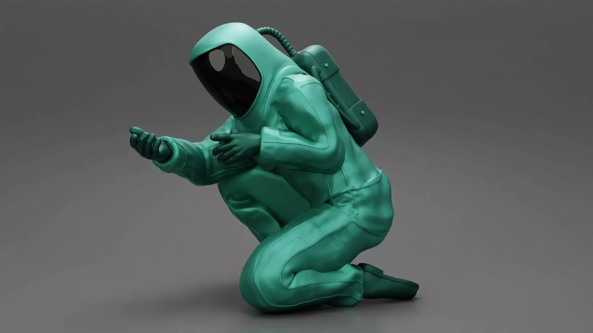 Scientist wearing radiation protection suit sitting 3D print model_0