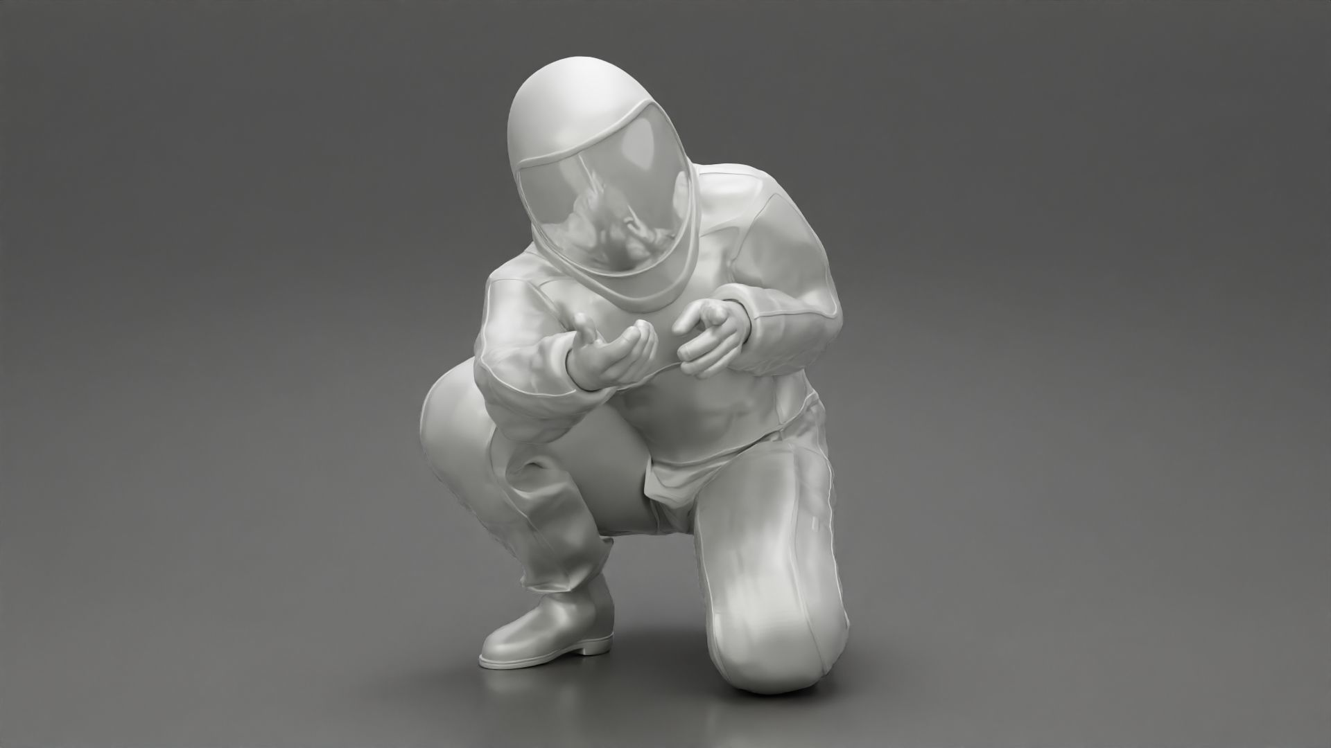 Scientist wearing radiation protection suit sitting 3D print model_7