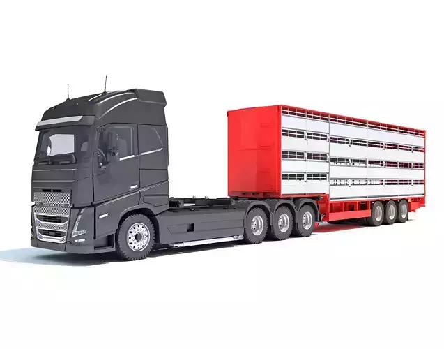 Truck with Cattle Animal Transporter Trailer 3D model