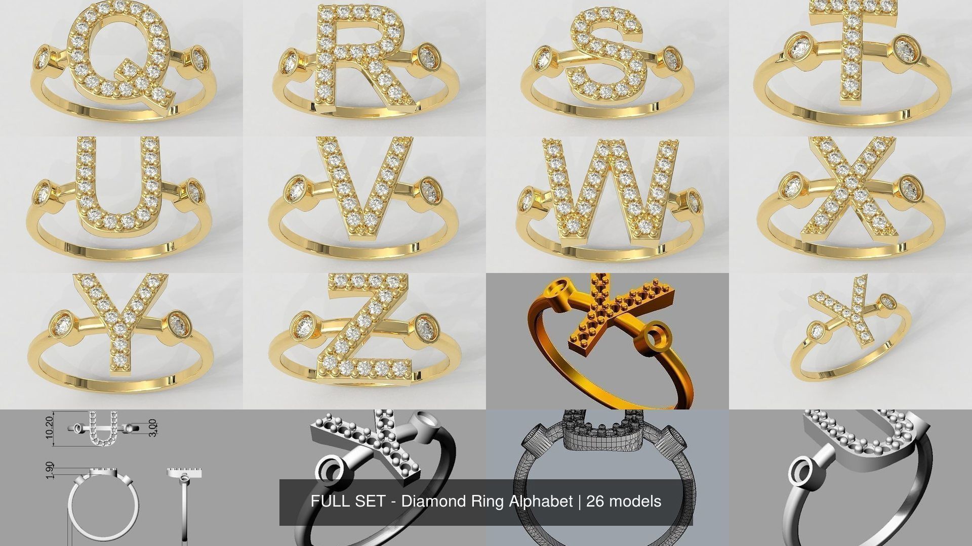 FULL SET - Diamond Ring Alphabet 3D Model Collection_3
