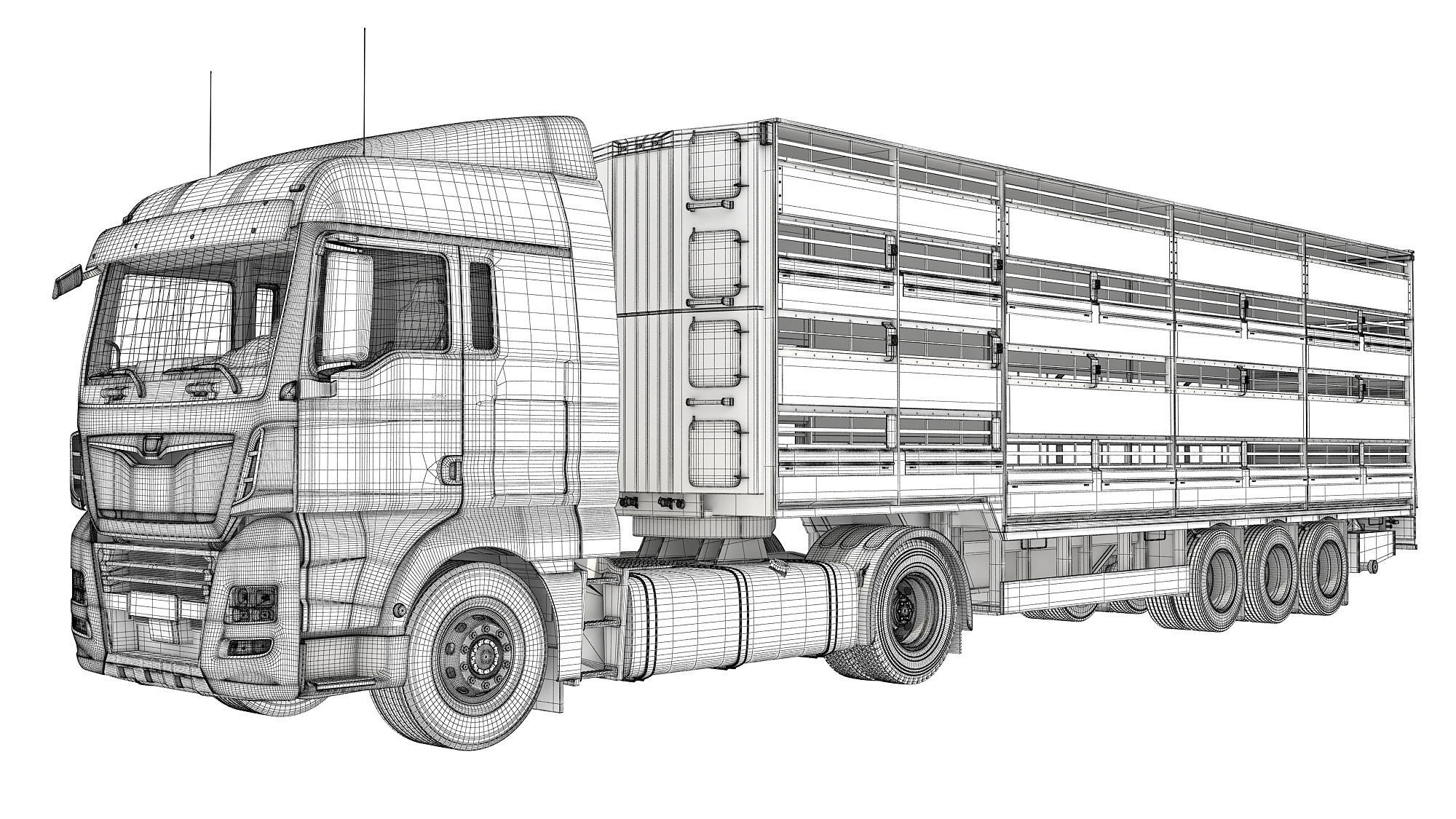 Truck with Animal Transporter Trailer 3D model_16