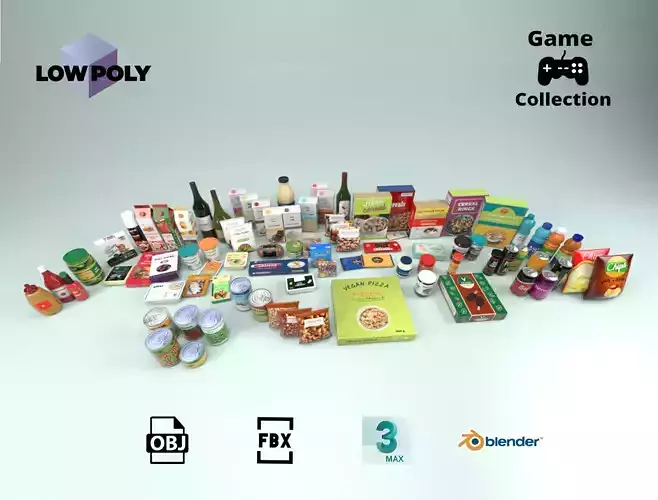 Groceries collection and beverage products Low-poly 3D model