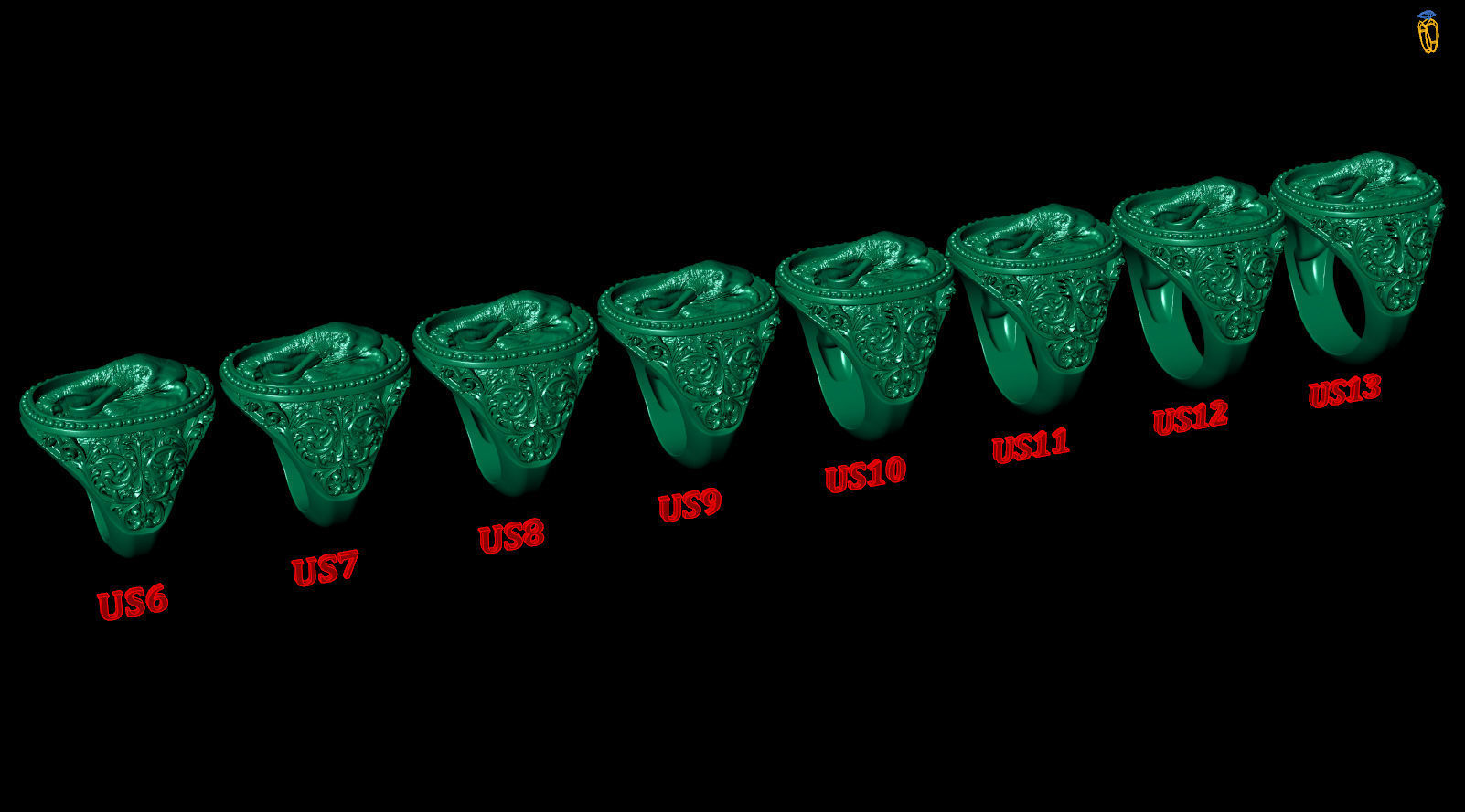 Elephant Head Antique Pattern Men Signet 3D print model_9