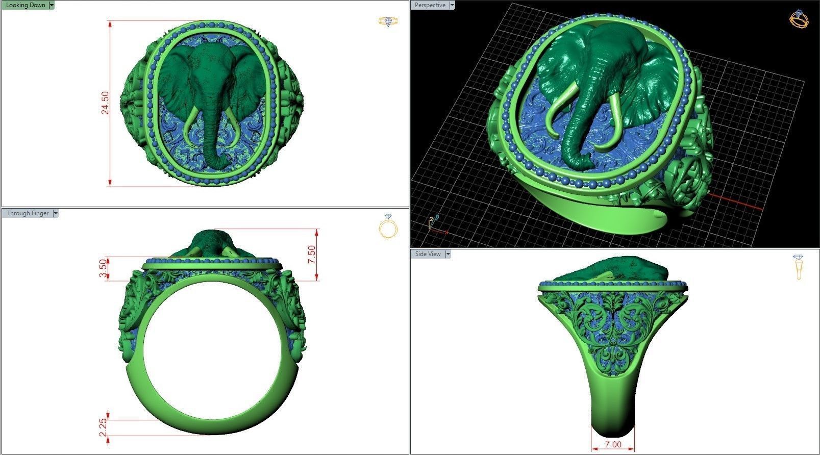 Elephant Head Antique Pattern Men Signet 3D print model_8