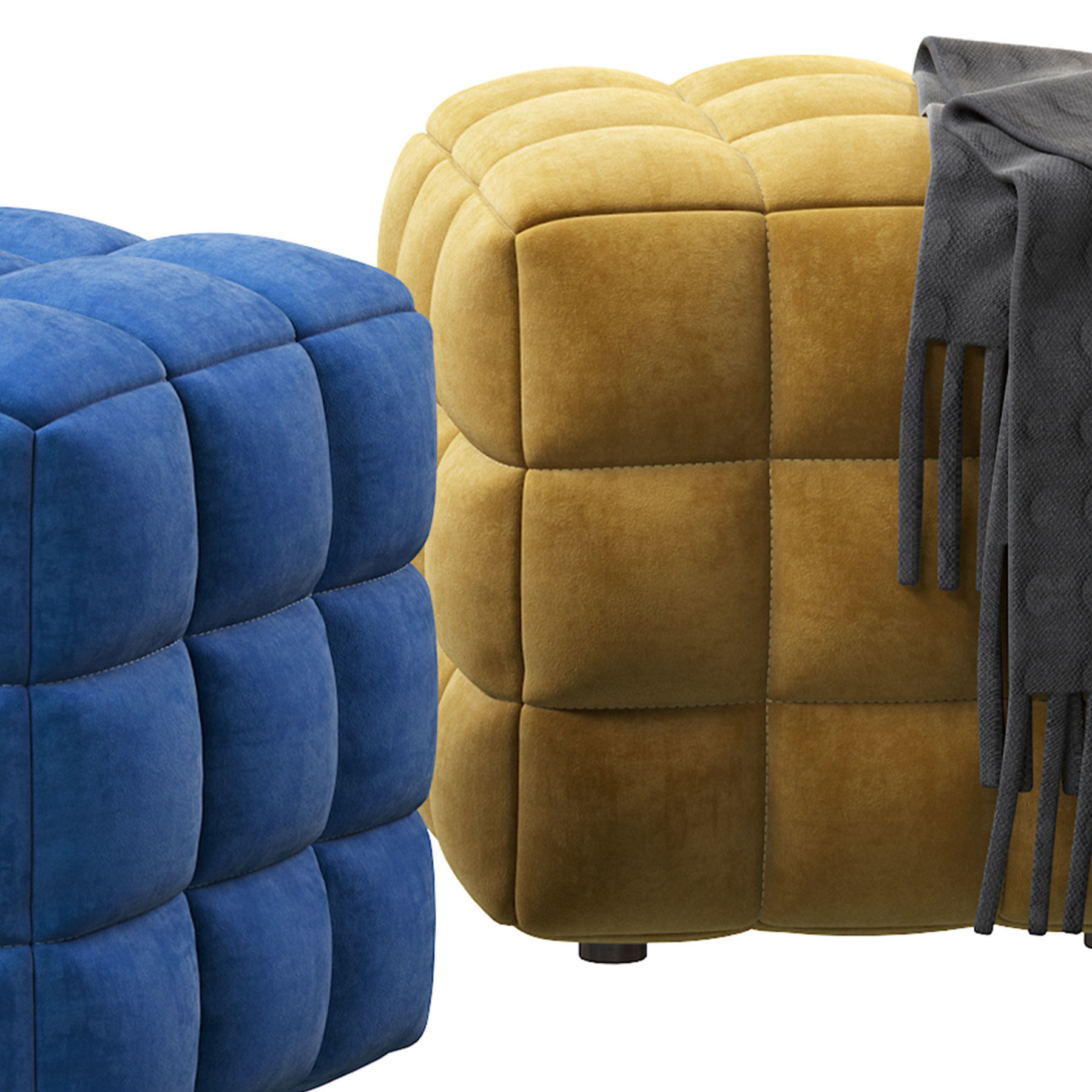 BLUE VELVET TUFTED CUBE FOOTSTOOL OTTOMAN 3D model_13