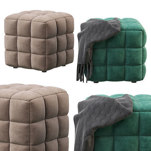BLUE VELVET TUFTED CUBE FOOTSTOOL OTTOMAN 3D model 3